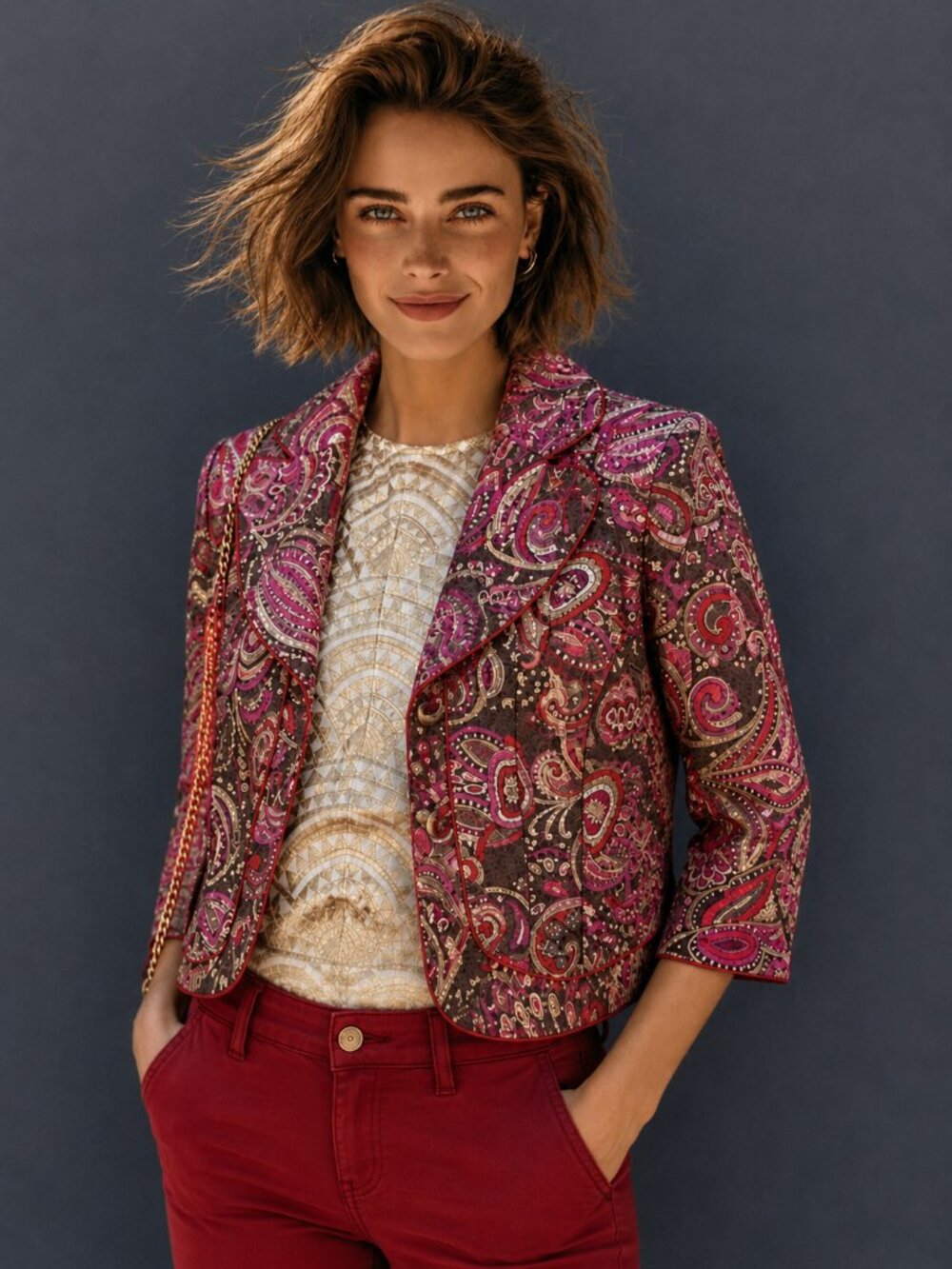 Statement Paisley Cropped Jacket, tapestry type material | 3/4 Sleeve
